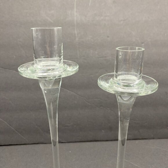 Studio Hand Blown Clear Glass Taper Candle Holder Set Of 2 Graduating 10.5”9.75” - Picture 2 of 11